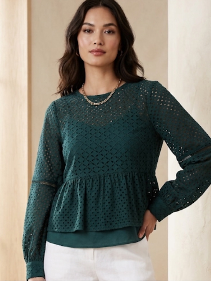 Banana Republic Lazer Cut Eyelet Blouse Dark Green Size Small